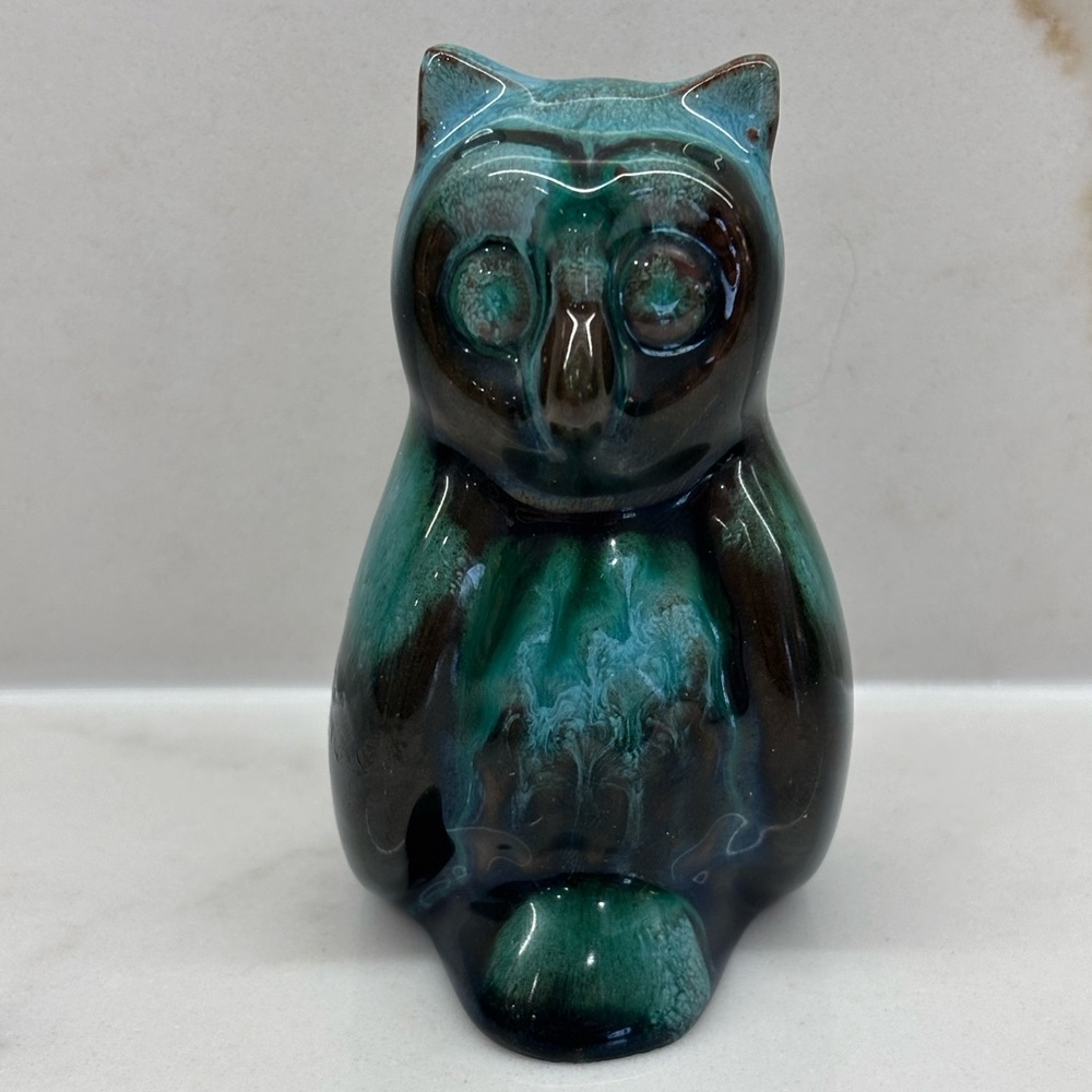Vintage Mini Blue Mountain Owl Ceramic Pottery Figurine Drip Glazed 3” BMP